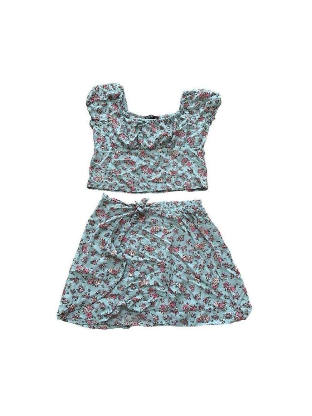 Girls Extra Large Floral Crop Top Skirt Set Green Pink